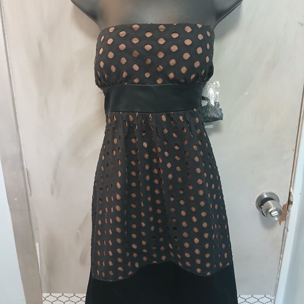 Nine West Black Strapless Polka Dot Overlay Dress